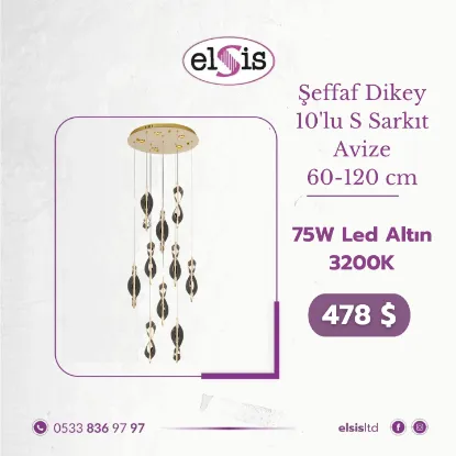 Altın Şeffaf Dikey 10'lu S Sarkıt Avize resmi