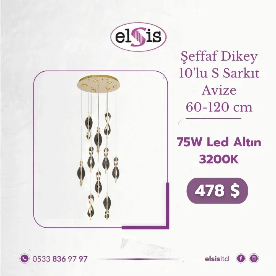 Altın Şeffaf Dikey 10'lu S Sarkıt Avize resmi