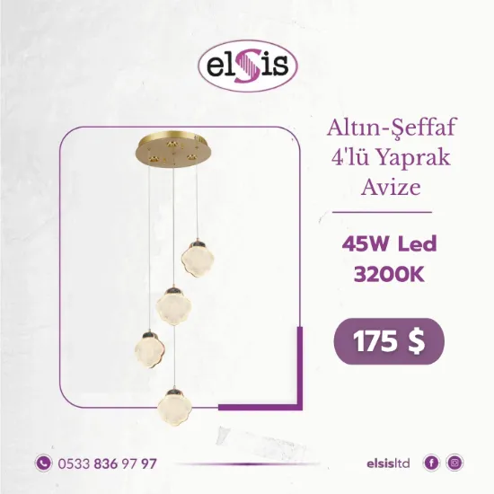 Altın Şeffaf 4'lü Yaprak Avize resmi