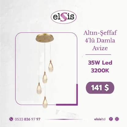 Altın Şeffaf  4'lü Damla Avize resmi